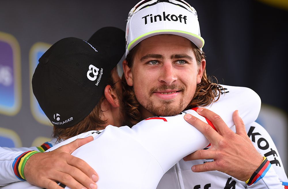 Peter Sagan wins 2016 Tour of Flanders, gets a hug from Fabian Cancellara on the podium