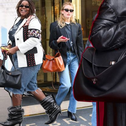 a collage of women at fashion week, lori harvey, sarah pidgeon, and models carrying the balenciaga rodeo bag