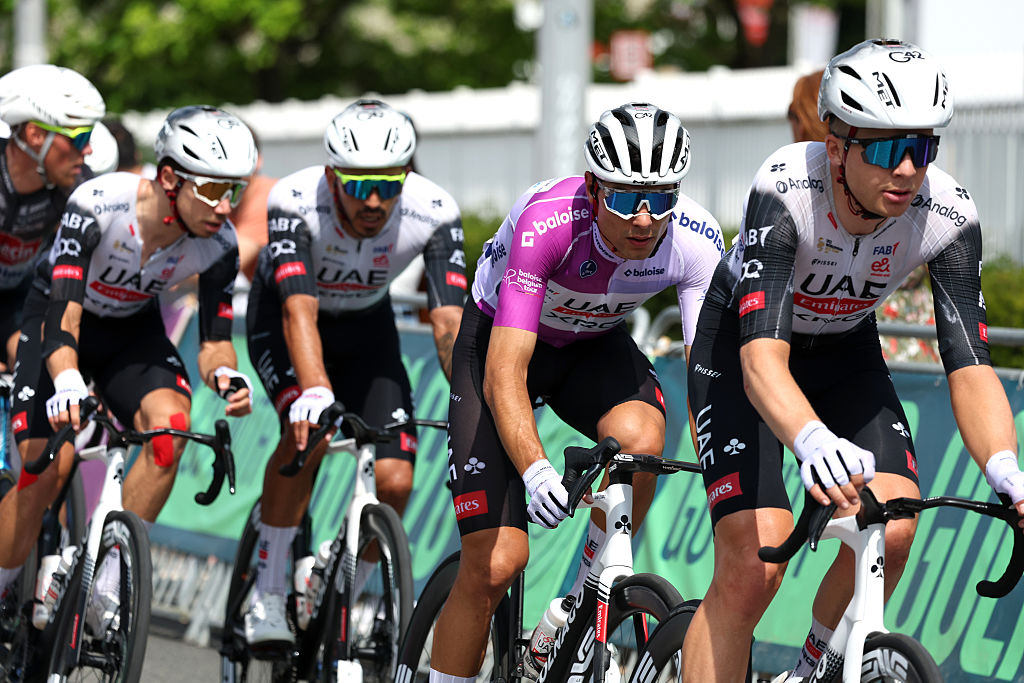 UAE Team Emirates-XRG in the closing kilometres protecting their overall leader Filippo Baroncini and sprinter Juan Sebastián Molano