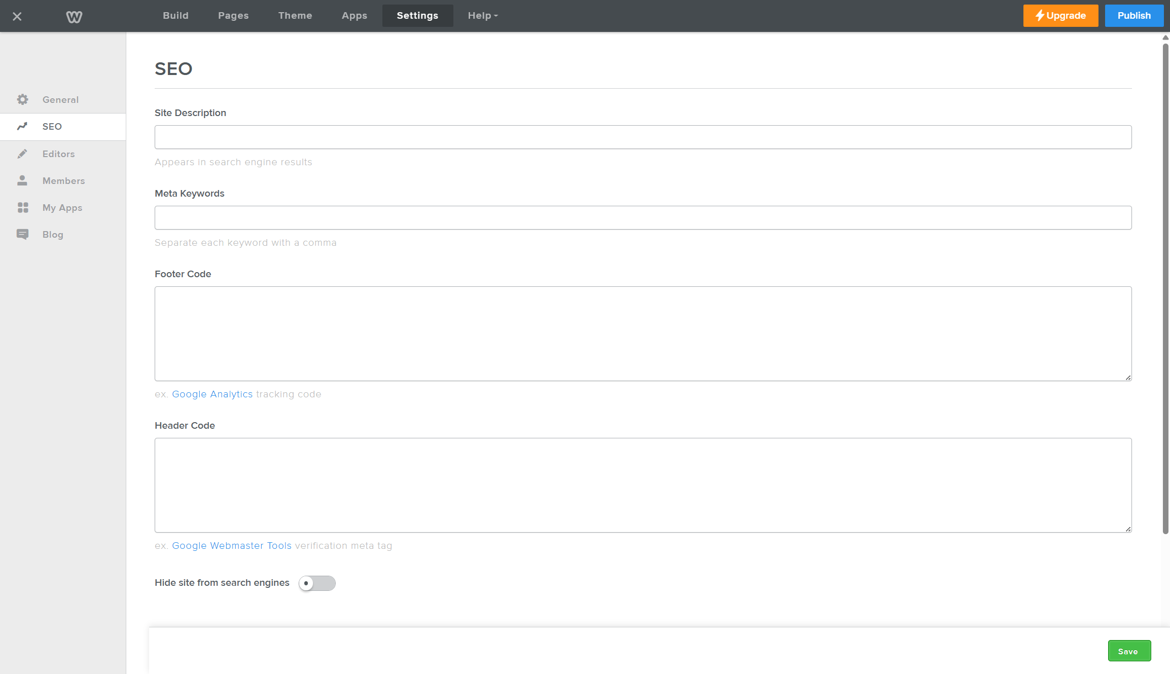 Screenshot of Weebly SEO tools page