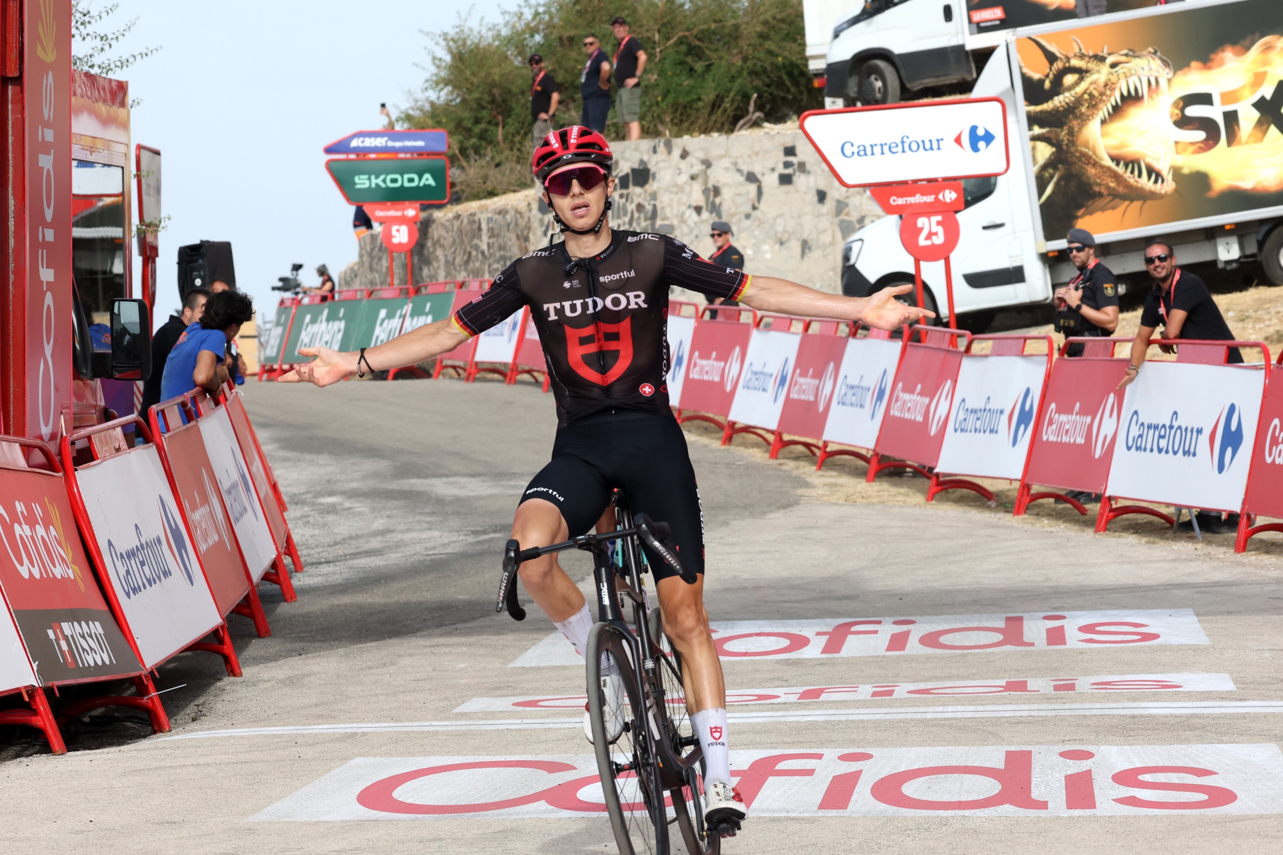 Marco Brenner of Germany and Team Tudor Pro Cycling celebrates at finish line as stage winner during the La Vuelta - 81st Tour of Spain 2026, Stage 14 a 154.5km stage from Jaen to Sierra de la Pandera.