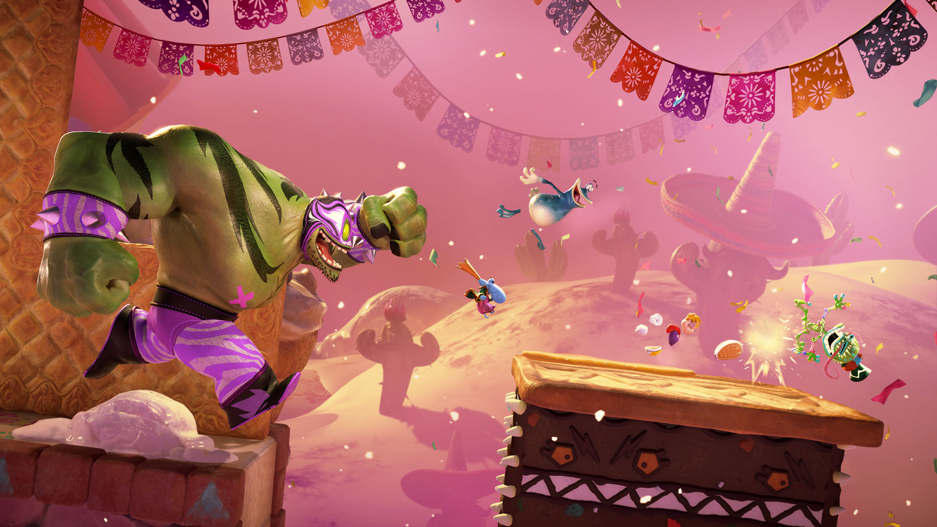 A giant luchador chases Grand Minimus, Rayman, and Globox through a Day of the Dead level in Rayman Legends Retold