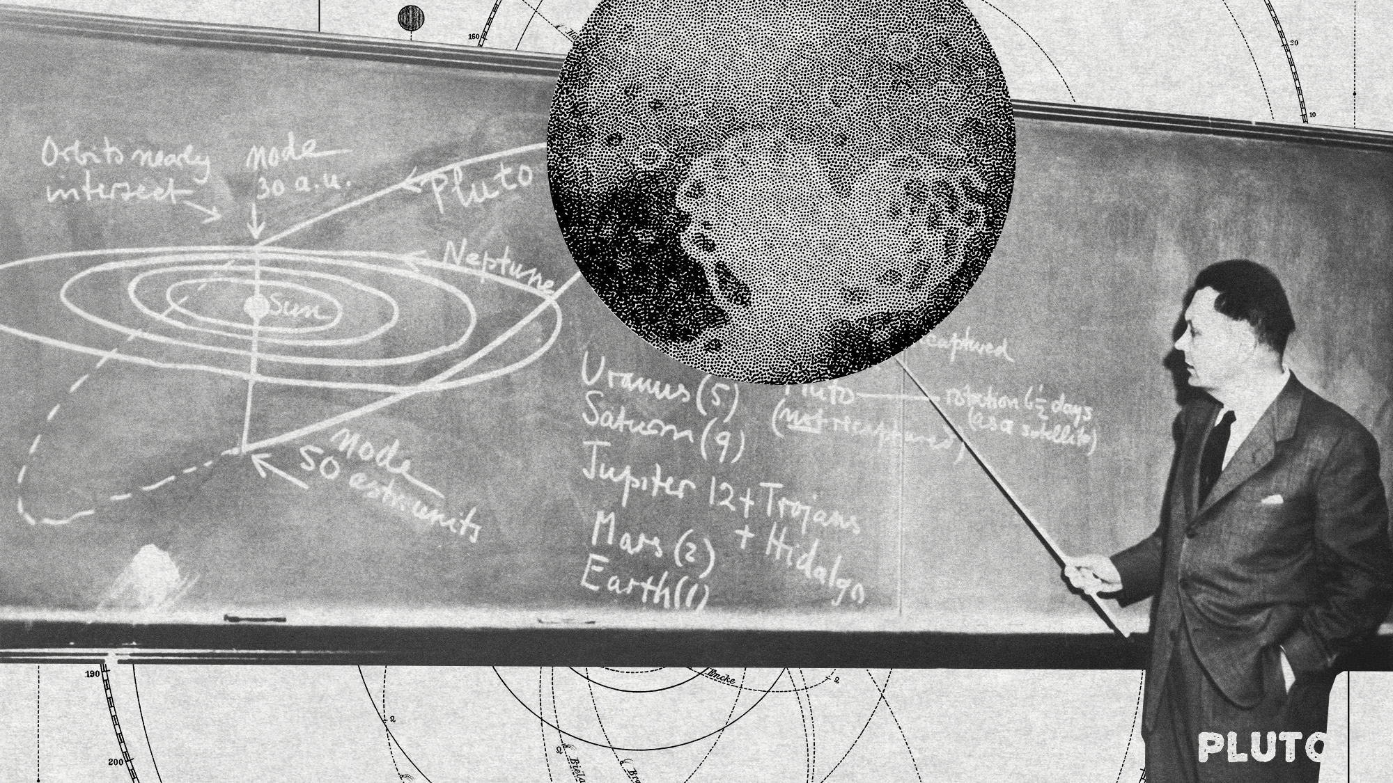 Photo collage of an astronomer pointing to a blackboard filled with data on the solar system. An illustration of Pluto is balancing on his pointer.