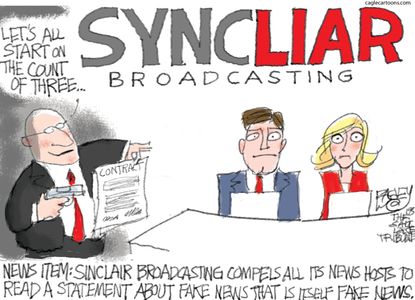 Political cartoon U.S. Sinclair Broadcasting anchor script contract fake news