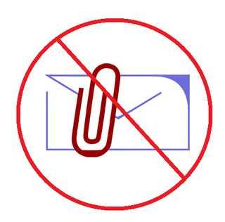Illustration of paper clip and envelope, with red slash over both.