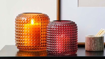 Cheap home decor finds – Amber Large Retro Vase from Dunelm on side with candle in