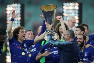 Maurizio Sarri celebrates with the Europa League trophy. (PA)