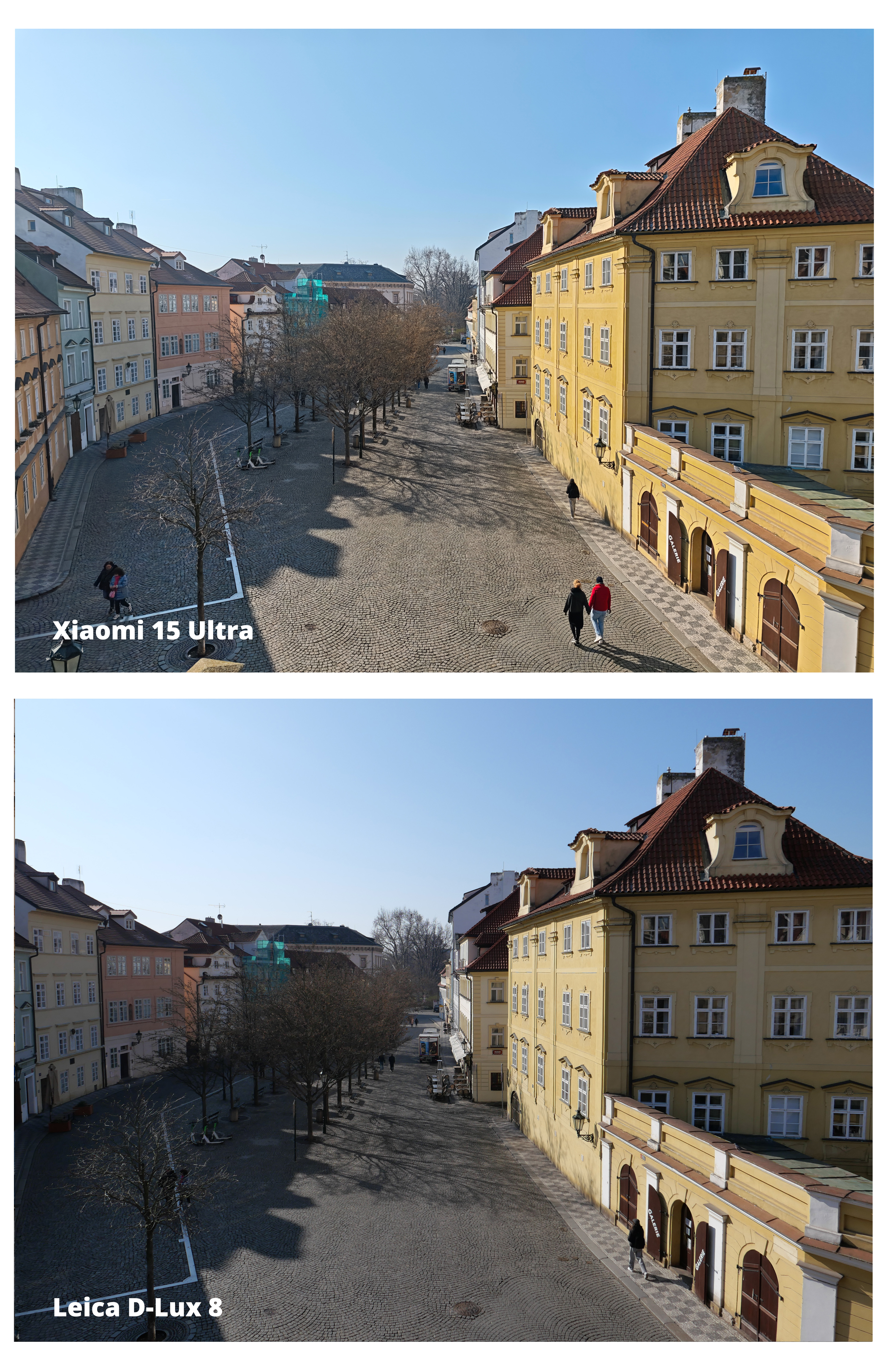 Two images of a street in Prague next to one another