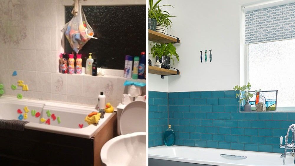 Teal blue bathroom makeover with patterned floor and grey furniture