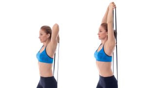 Tricep and chest workout: Image shows woman using resistance band behind head