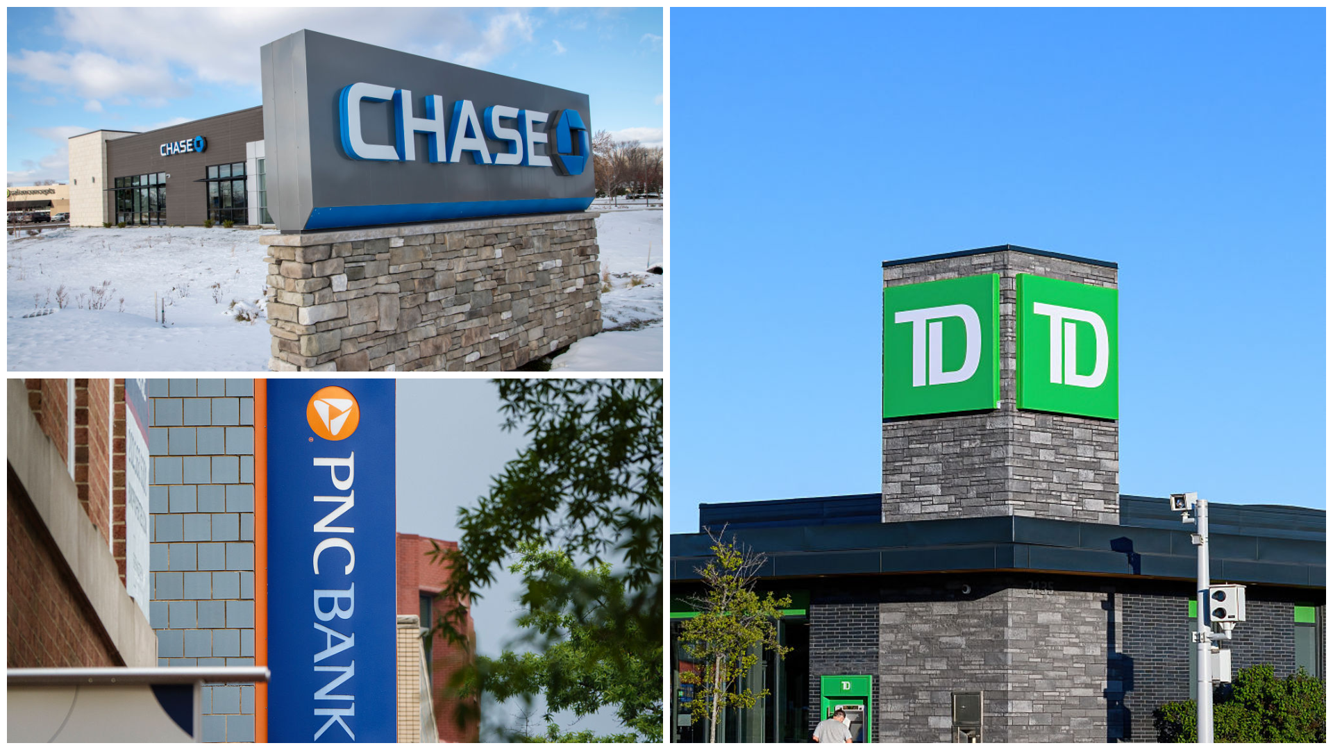 A collage of images of a Chase Bank, PNC Bank and TD Bank locations.