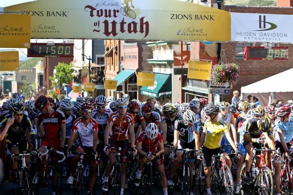Riders get ready for stage 4 in downtown Park City.