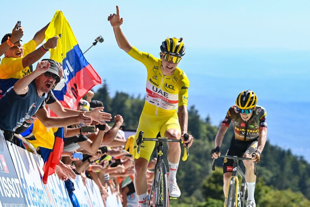 Slovenian Tadej Pogacar of UAE Team Emirates celebrates after winning stage seven of the Tour de France cycling race a 176 km race from Tomblaine to La Super Planche des Belles Filles France on Friday 08 July 2022 This years Tour de France takes place from 01 to 24 July 2022 BELGA PHOTO POOL DAVID STOCKMAN UK OUT Photo by DAVID STOCKMAN BELGA MAG Belga via AFP Photo by DAVID STOCKMANBELGA MAGAFP via Getty Images