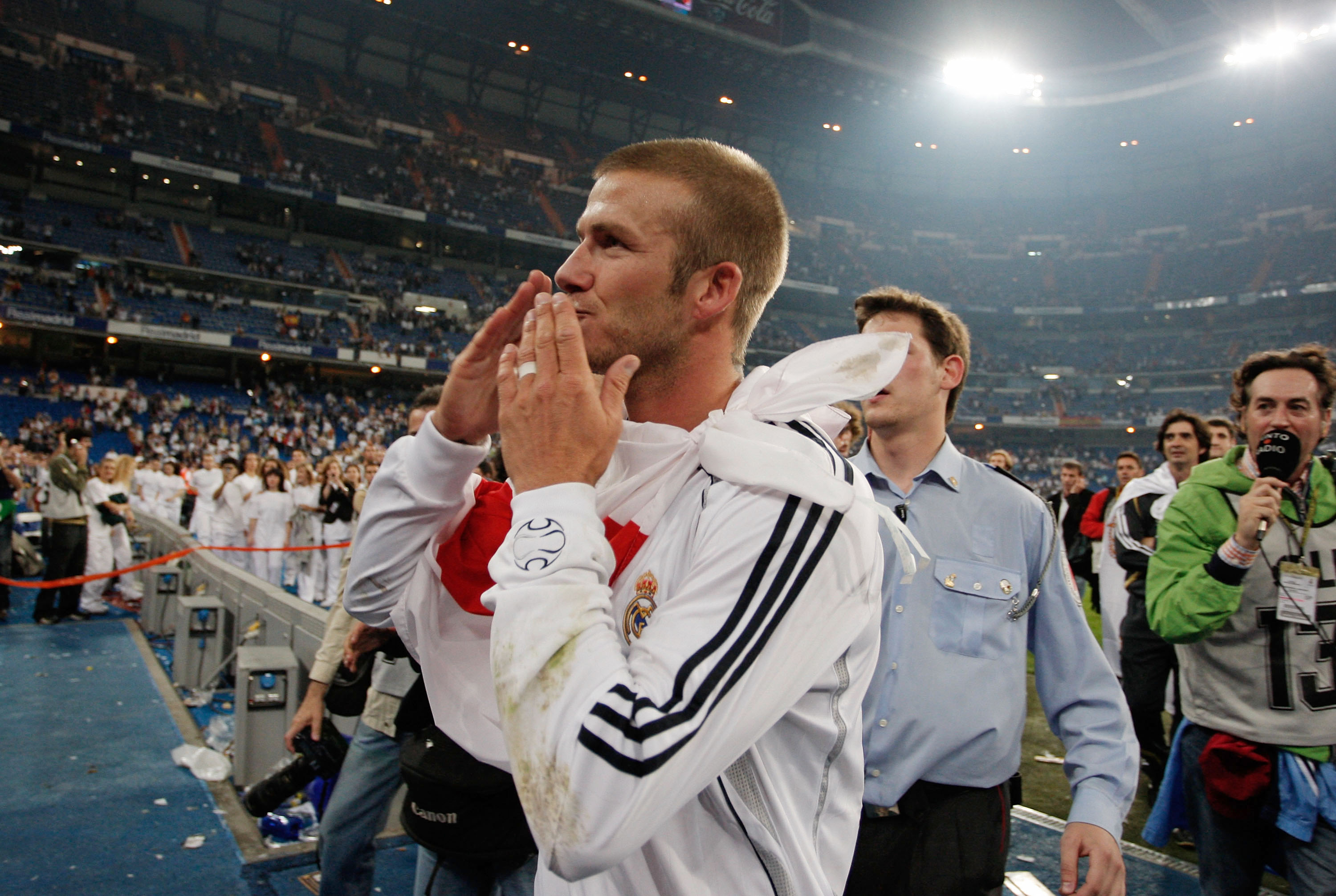 David Beckham celebrates winning La Liga with Real Madrid in June 2007, after a 3-1 victory over Mallorca at the Santiago Bernabeu.