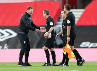 Southampton manager Ralph Hasenhuttl speaks to match officials after the final whistle