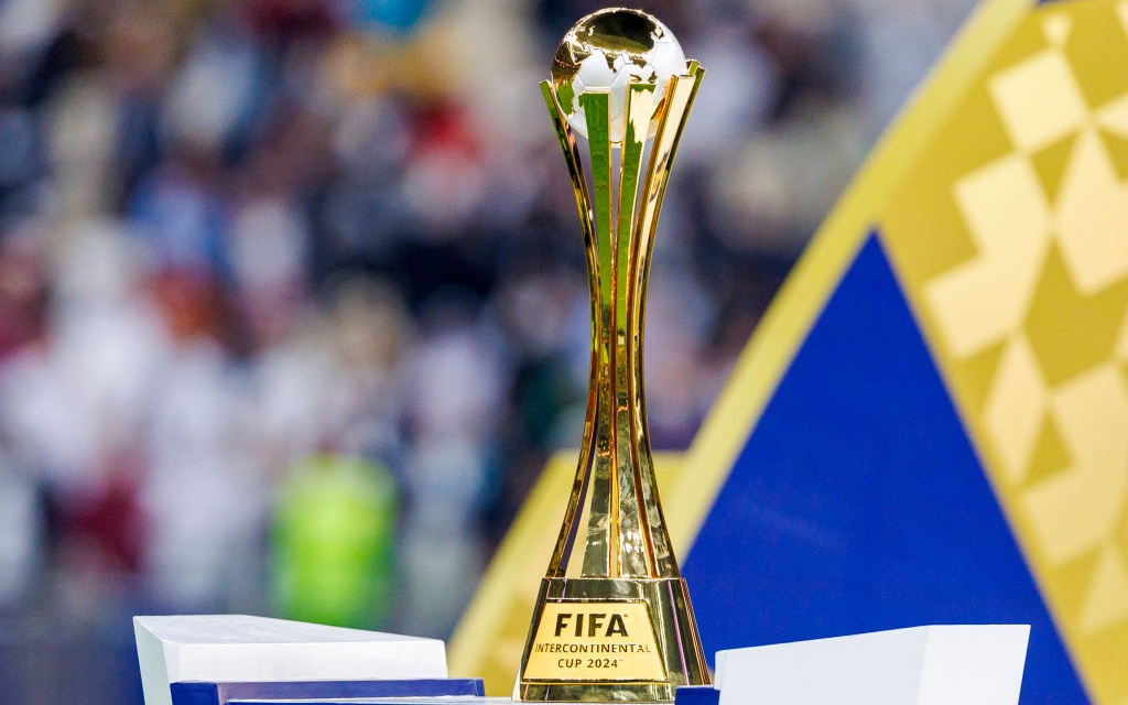 A detailed view of the FIFA Intercontinental Cup Winner's Trophy during the FIFA Intercontinental Cup Final match between Real Madrid and CF Pachuca at Lusail Stadium on December 18, 2024 in Doha, Qatar.