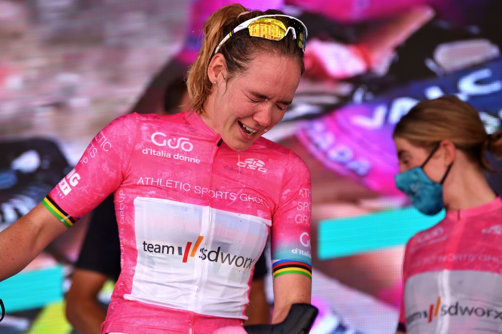 CORMONS ITALY JULY 11 Anna Van Der Breggen of Netherlands and Team SD Worx Pink Leader Jersey celebrates at podium during the 32nd Giro dItalia Internazionale Femminile 2021 Stage 10 a 113km stage from Capriva del Friuli to Cormons Champagne GiroDonne UCIWWT on July 11 2021 in Cormons Italy Photo by Luc ClaessenGetty Images