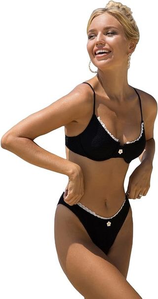 Soly Hux Women's Bikini Sets High Waisted Bathing Suits Two Piece Swimsuits Sexy Lace Trim Underwire Swimwear Black Lace S