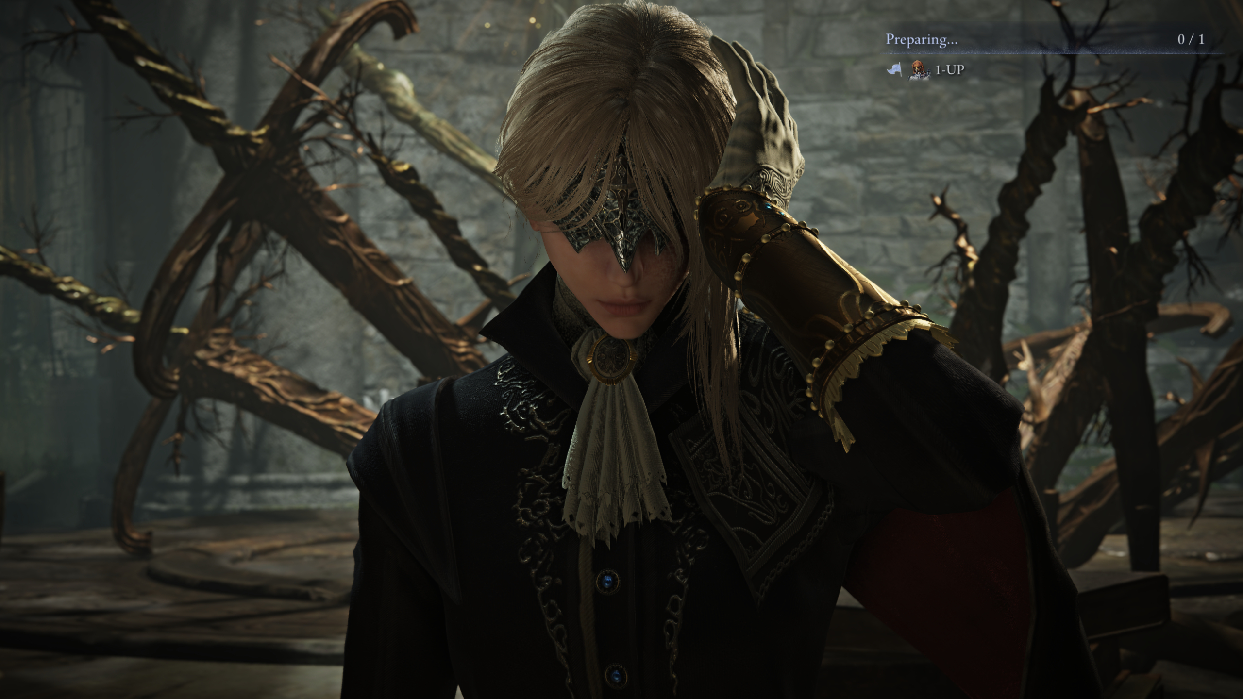 Elden Ring Nightreign Remembrance quests: Duchess with her hand raised to her head to remove her mask.