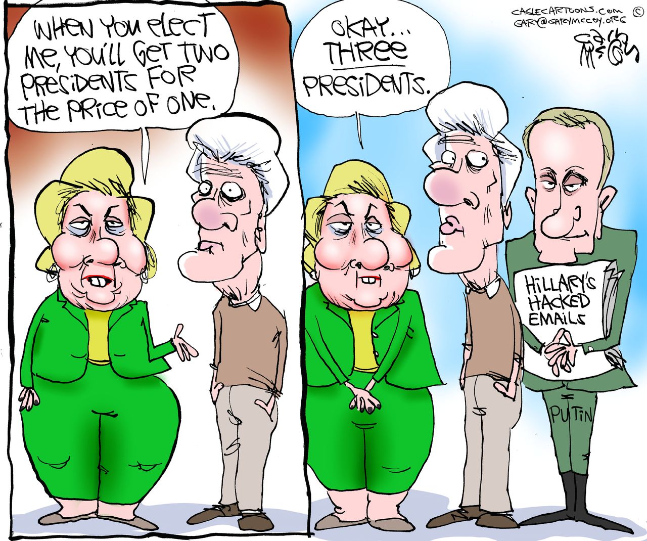 Political cartoon U.S. 2016 election Hillary Clinton Bill Clinton Putin