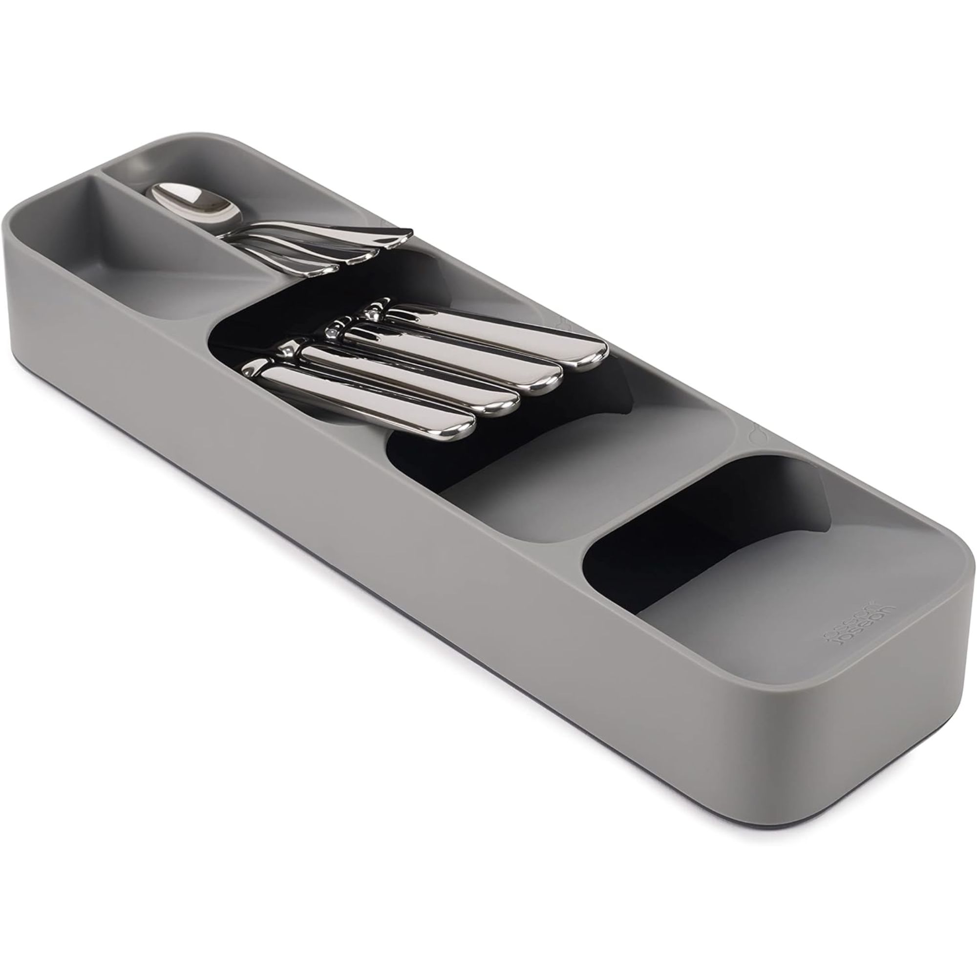 A grey cutlery drawer organizer