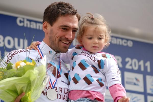 Christophe Riblon on the podium with his daughter.