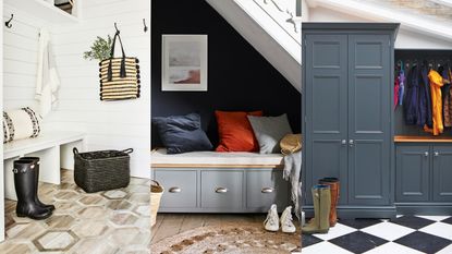 A composite of hallway shoe storage ideas