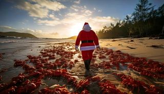 AI generated image created from the prompt "Santa taking part in the red crab migration on Christmas Island Australia"