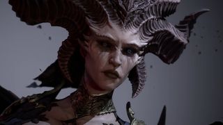 A fierce mythical creature with intricate, curling horns and sharp facial features gazes intensely.