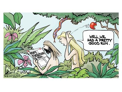 Editorial cartoon Pope evolution Adam and Eve