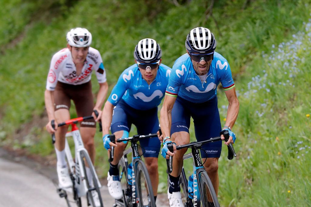 LA PLAGNE FRANCE JUNE 05 Alejandro Valverde Belmonte of Spain Miguel ngel Lpez Moreno of Colombia and Movistar Team during the 73rd Critrium du Dauphin 2021 Stage 7 a 1715km stage from SaintMartinLeVinoux to La Plagne 2072m UCIworldtour Dauphin dauphine on June 05 2021 in La Plagne France Photo by Bas CzerwinskiGetty Images