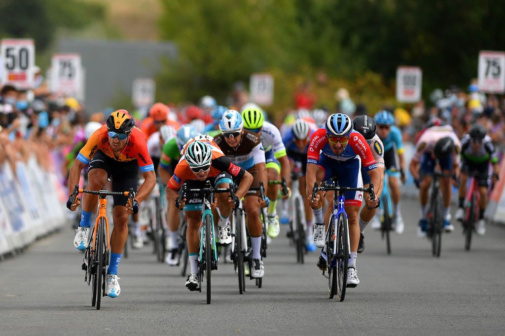 CAP DCOUVERTE FRANCE AUGUST 02 Sprint Arrival Sonny Colbrelli of Italy and Team Bahrain McLaren Bryan Coquard of France and Team BB Hotels Vital Concept Orange Leader Jersey Niccolo Bonifazio of Italy and Team Total Direct Energie Arvid De Kleijn of The Netherlands and Riwal Readynez Cycling Team during the 44th La Route dOccitanie La Depeche du Midi 2020 Stage 2 a 1745km stage from Carcassonne to Cap Dcouverte 344m RouteOccitanie RDO2020 on August 02 2020 in Cap Dcouverte France Photo by Justin SetterfieldGetty Images