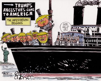 Political cartoon U.S. Trump infestation ancestors immigration