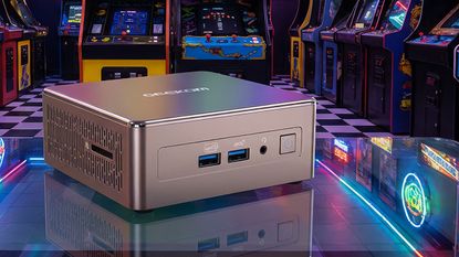 Geekom A5 in a 1980s style arcade setting (adapted with generative AI)