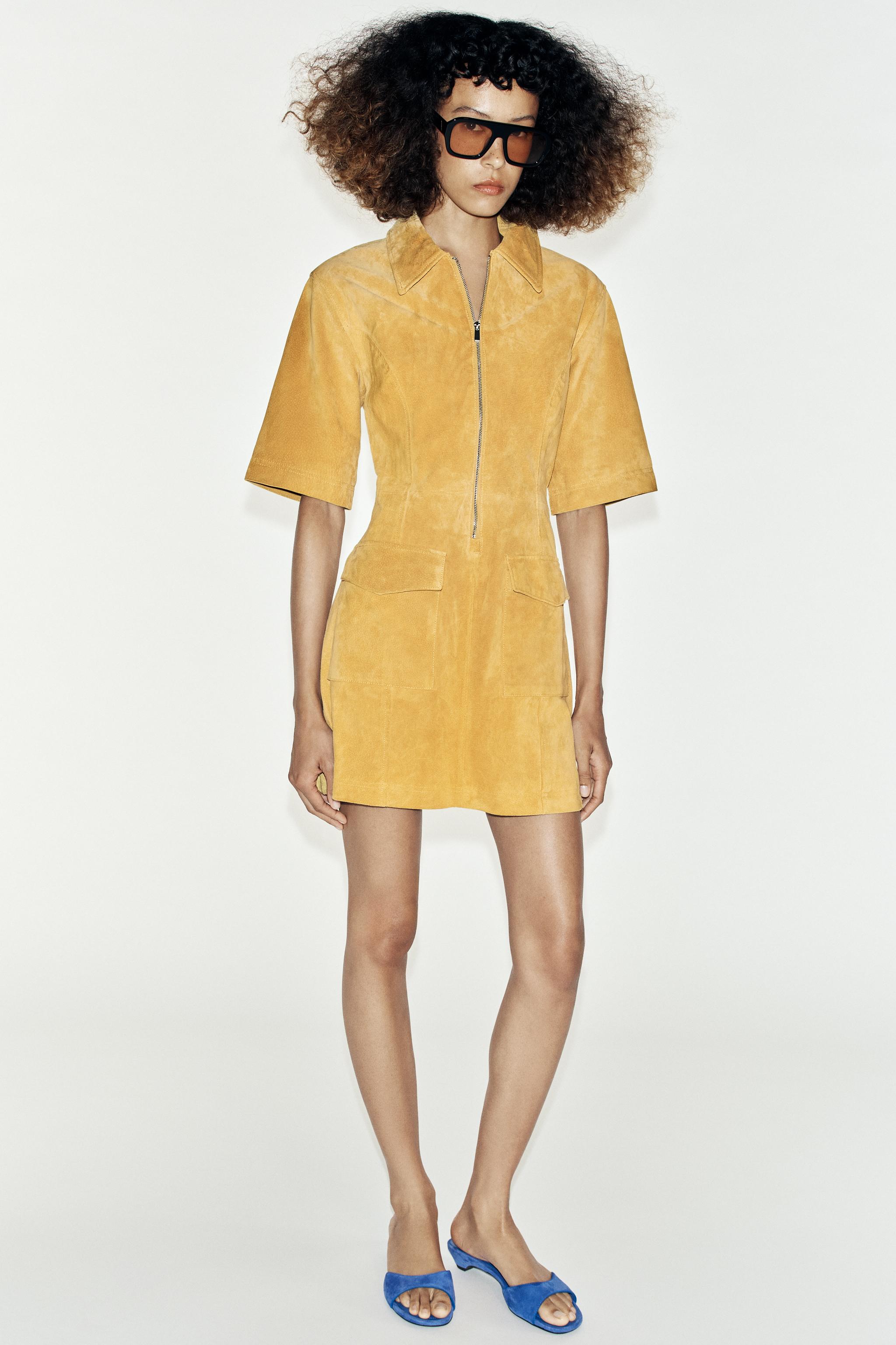 100% Leather Zip-Up Mini Dress - Mustard - Xs