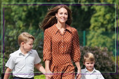 Kate Middleton walking holding hands with Prince George and Prince Louis