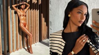 Split image of jasmine tookes wearing heaven mayhem Wind Earrings