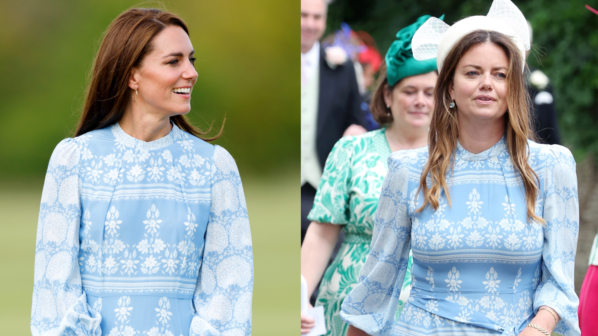 A split image of Princess Kate and Natasha Rufus Isaacs wearing the same blue dress