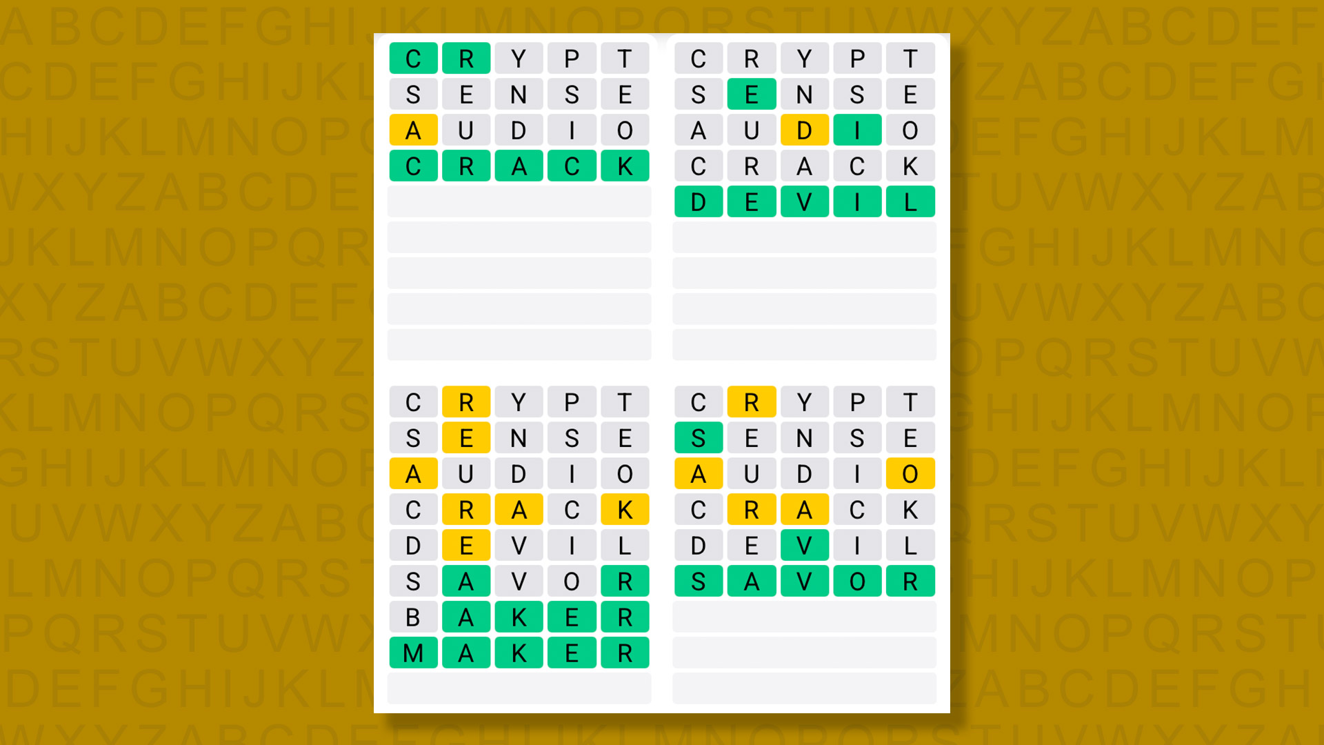 Quordle answers for game 1463 on a yellow background