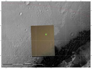 This image shows the location (green) where scientists estimate NASA's Curiosity rover landed on Mars within Gale Crater, based on images from the Mars Descent Imager (MARDI). The landing estimates derived from navigation and landing data agree to within 660 feet (200 meters) of this MARDI estimate.