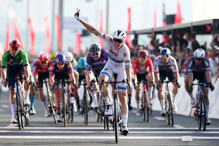 ABU DHABI UNITED ARAB EMIRATES FEBRUARY 22 Tim Merlier of Belgium and Team Soudal QuickStep celebrates at finish line as stage winner during the 7th UAE Tour 2025 Stage 6 a 165km stage from Abu Dhabi Cycling Club to Abu Dhabi Breakwater UCIWWT on February 22 2025 in Abu Dhabi United Arab Emirates Photo by Dario BelingheriGetty Images