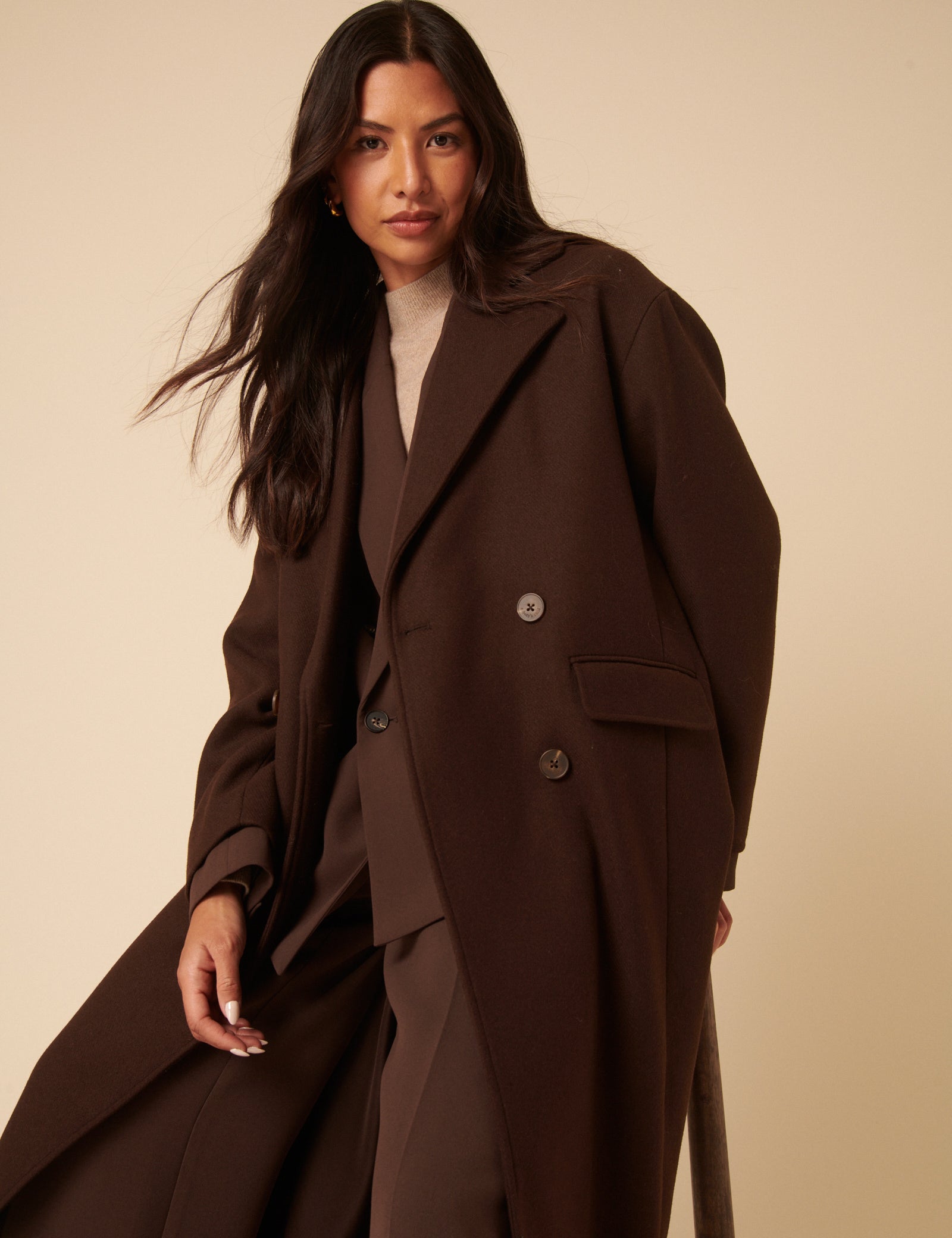 Brown Double Breasted Relaxed Coat