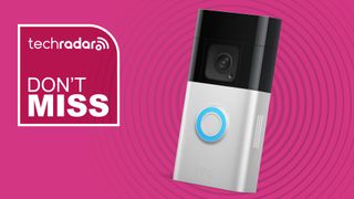 Ring Battery Video Doorbell on pink background with white text reading 'TechRadar don't miss'
