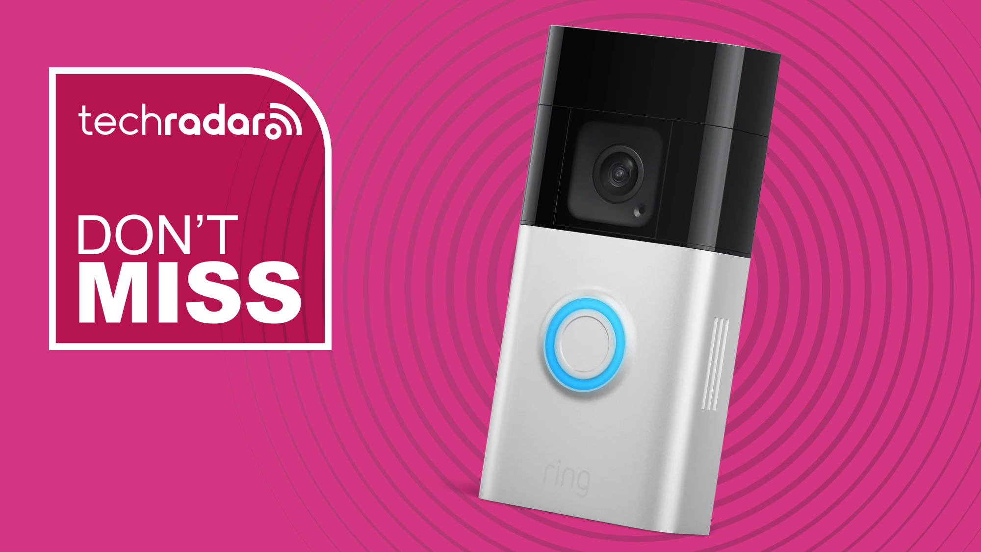 Ring Battery Video Doorbell on pink background with white text reading &#039;TechRadar don&#039;t miss&#039;