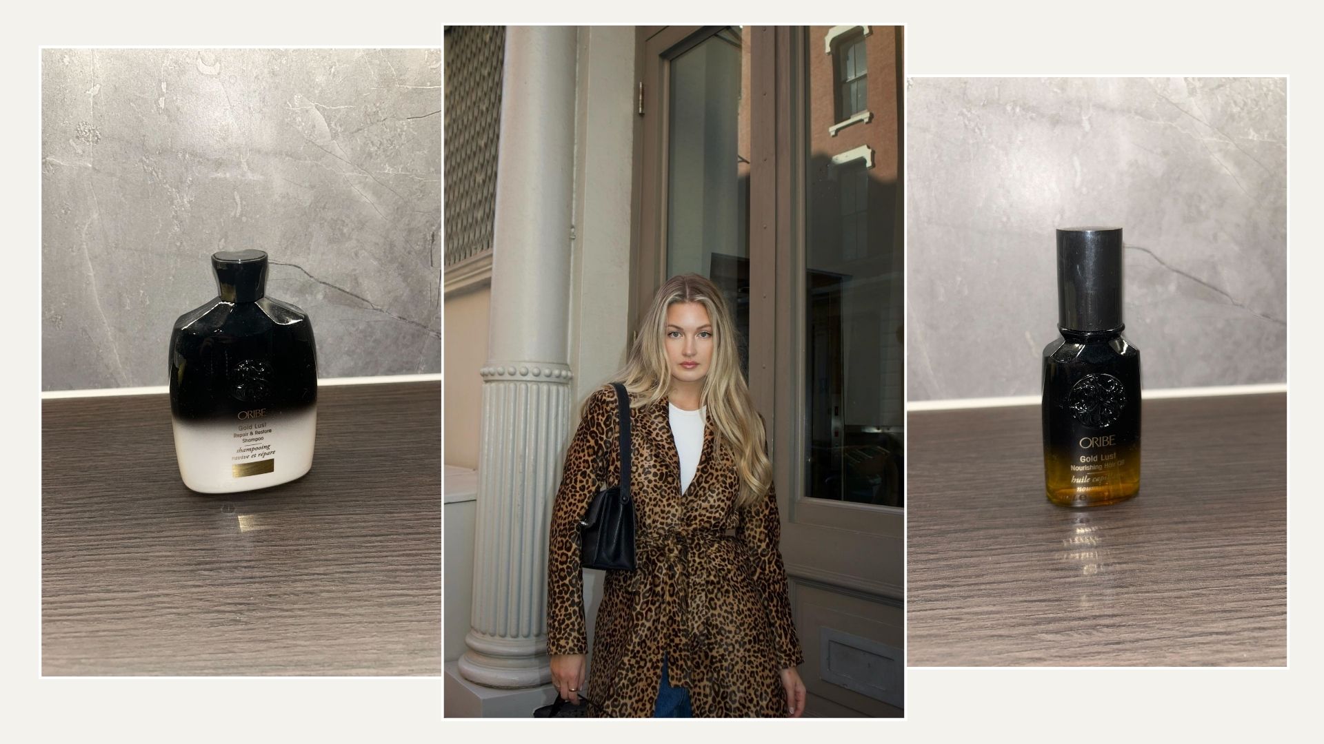 A collage of Oribe hair products and a woman with long, blonde, shiny hair