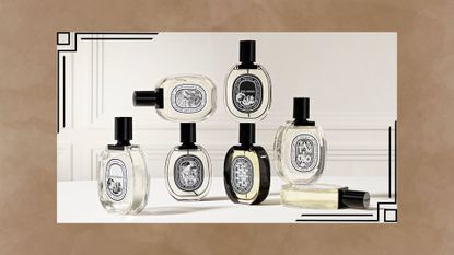 A brown background with an image of seven Diptyque perfume bottles.
