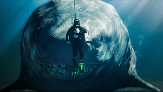 A diver comes face to face with a megalodon in The Meg 2: The Trench