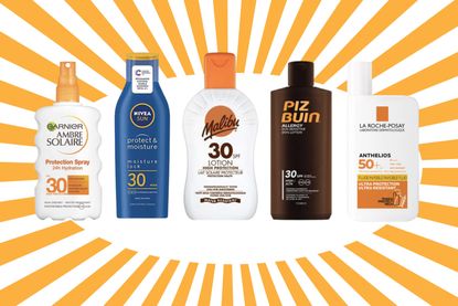 a collage showing the best sunscreens like Nivea, Garnier and Piz Buin