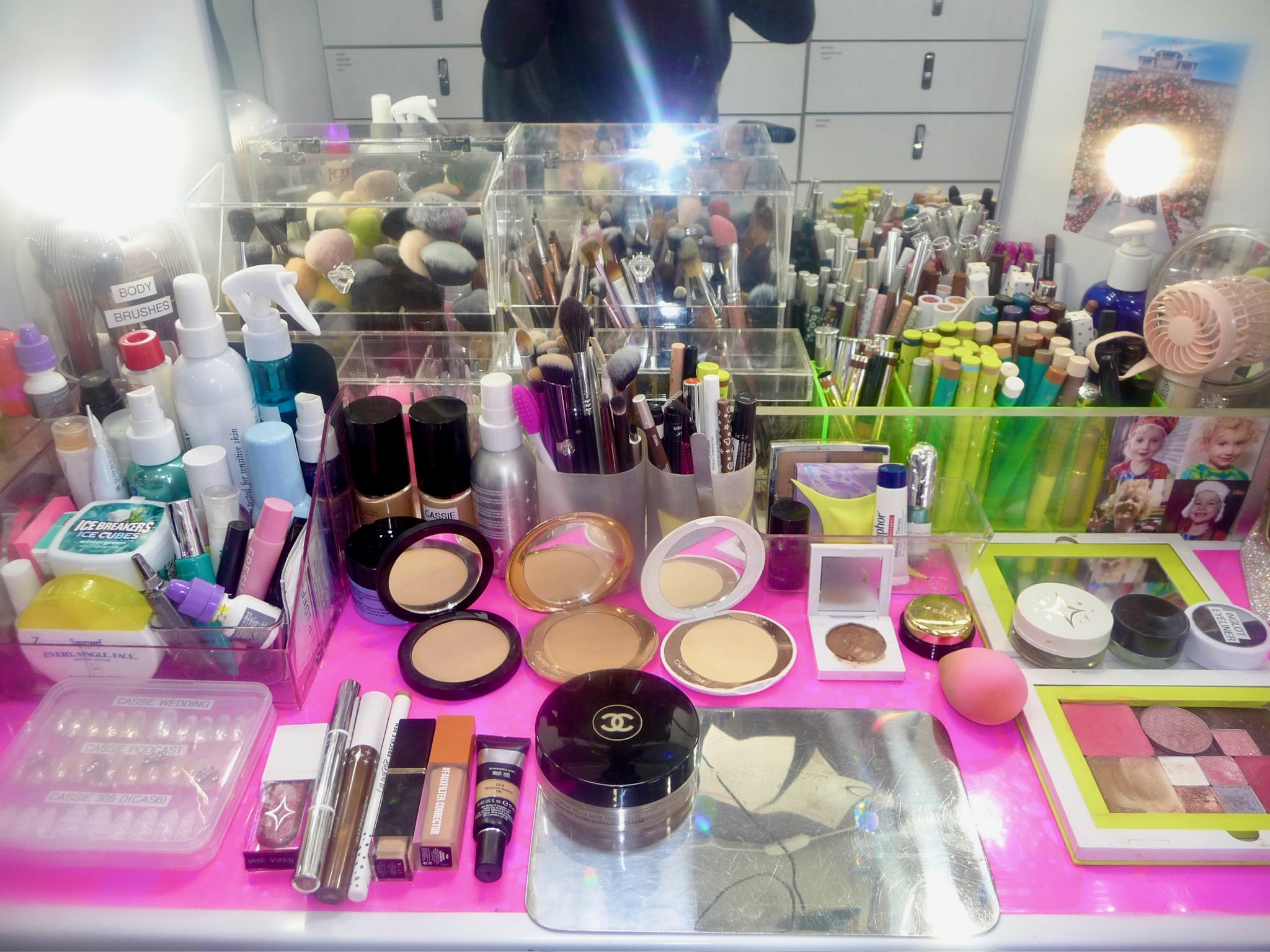 Donni Davy's workstation in the makeup trailer.