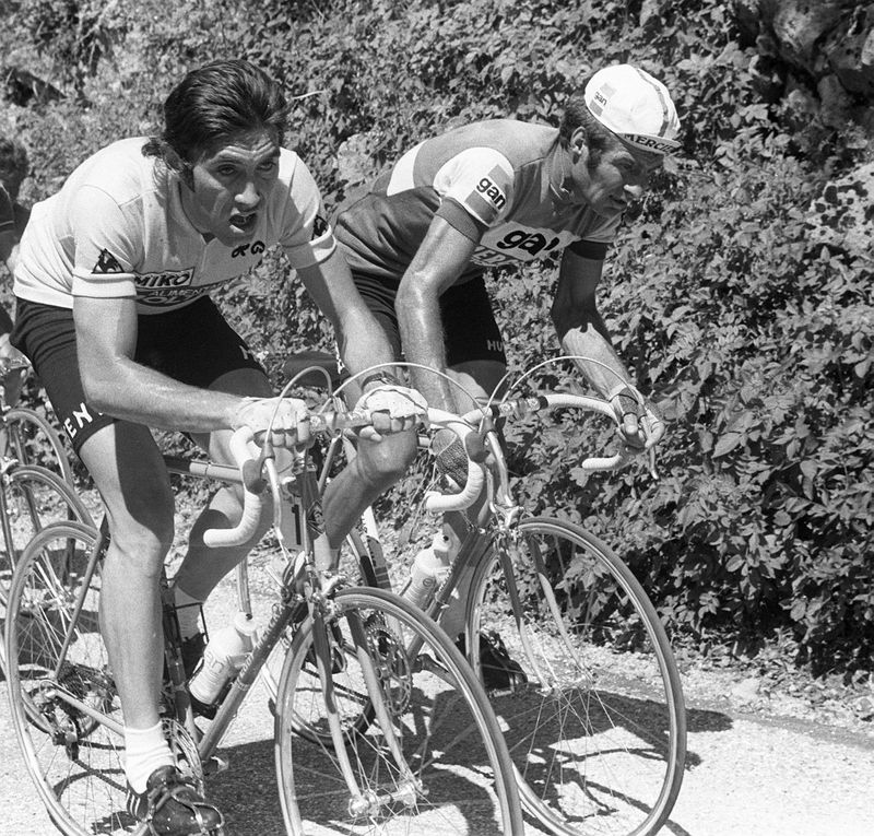 Eddy Merckx riding alongside Raymond Poulidor at the 1974 Tour which was won by Merckx